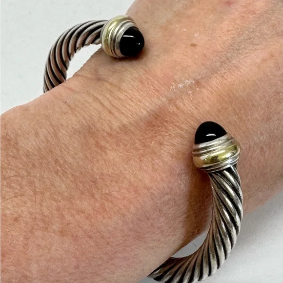 David Yurman 7mm Cable Classic Cuff Bracelet Black Onyx .925 14K - Picture 6 of 11